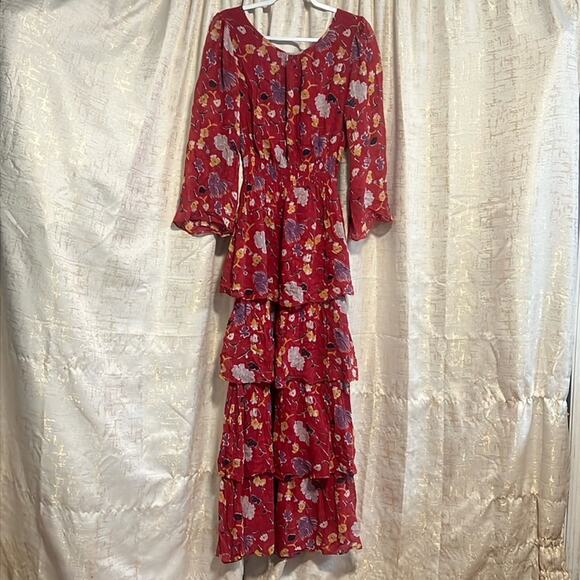 byTiMo Semi Couture Layered Ruffles Feminine Maxi Floral Red Womens‎ Size Medium - Picture 1 of 9